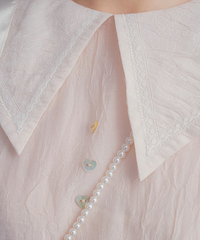 半袖 パフスリーブ ロング 夏 ハート 釦 ワンピース ブルー ベージュ M