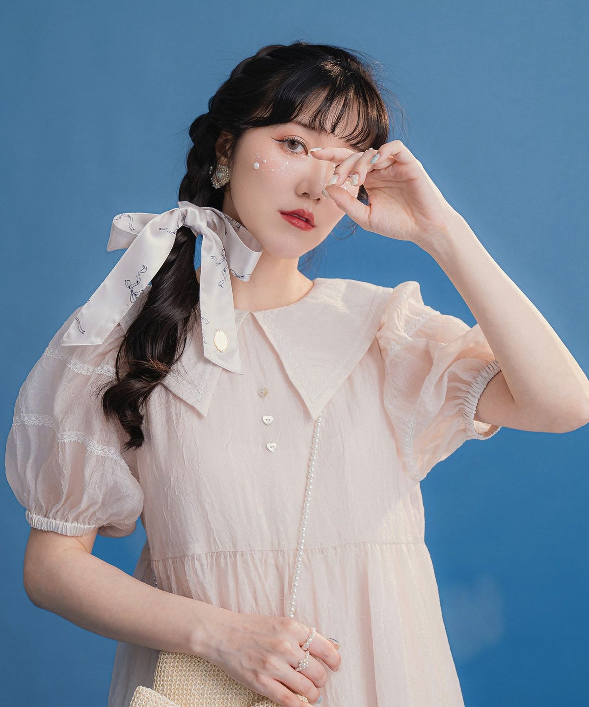 半袖 パフスリーブ ロング 夏 ハート 釦 ワンピース ブルー ベージュ M