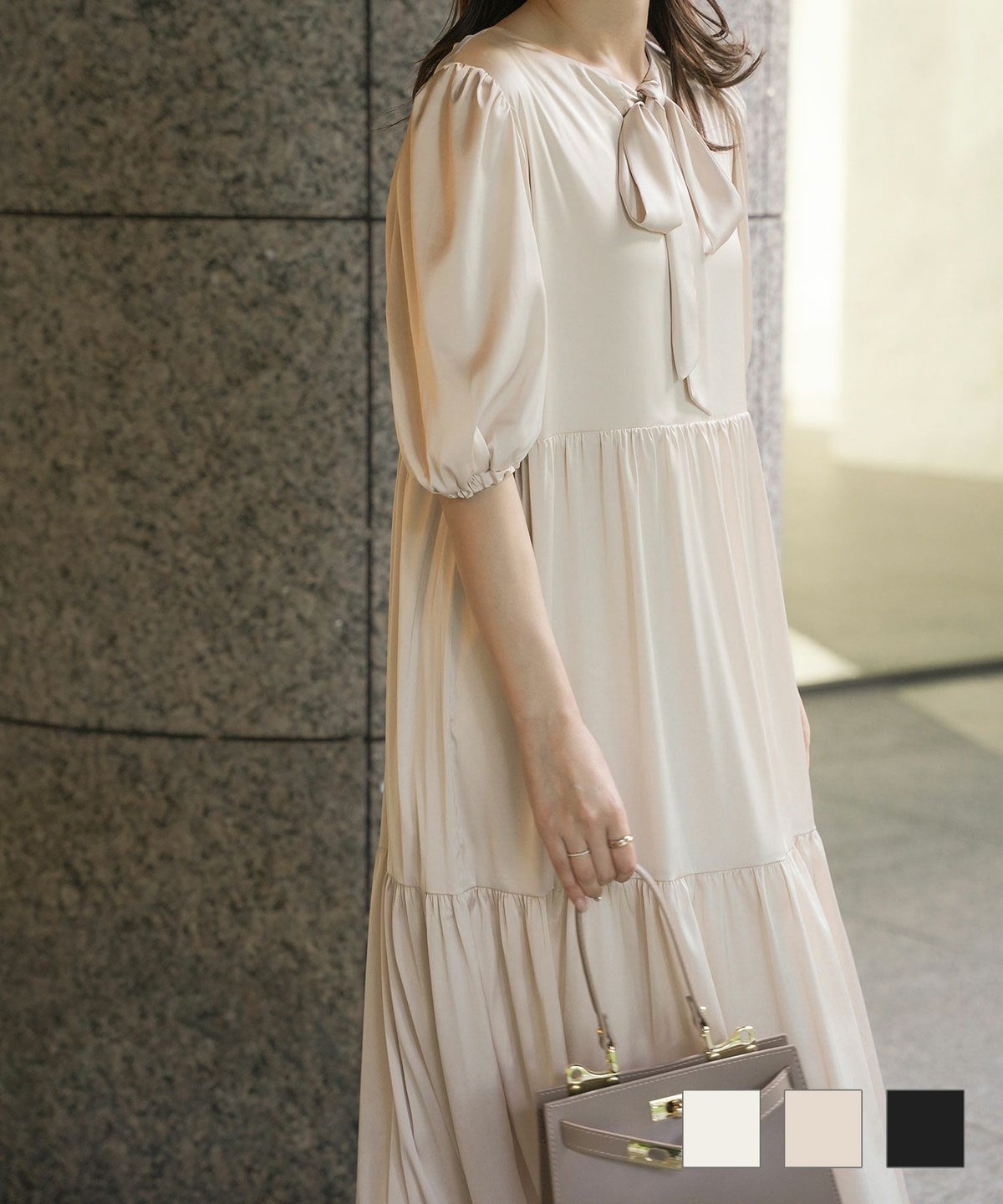 ボウタイ Vネック パフスリーブ 夏 2way ティアード ワンピース HUIT