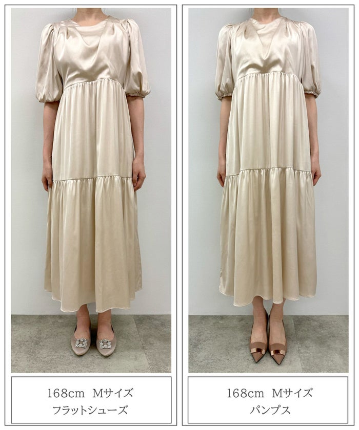 ボウタイ Vネック パフスリーブ /アイボリー/ベージュ/ブラック/M/半袖/ロング