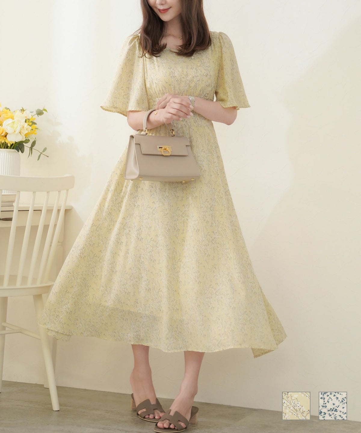 バタフライスリーブ フレアワンピース Vネック 清涼感 アフタヌーンティー 上品 エレガント フェミニン 可愛い 春 夏 半袖 サックス イエロー ブルー マスタード 彼ママ お食事会 フレアスリーブ フラワー ワンピース le reve vaniller