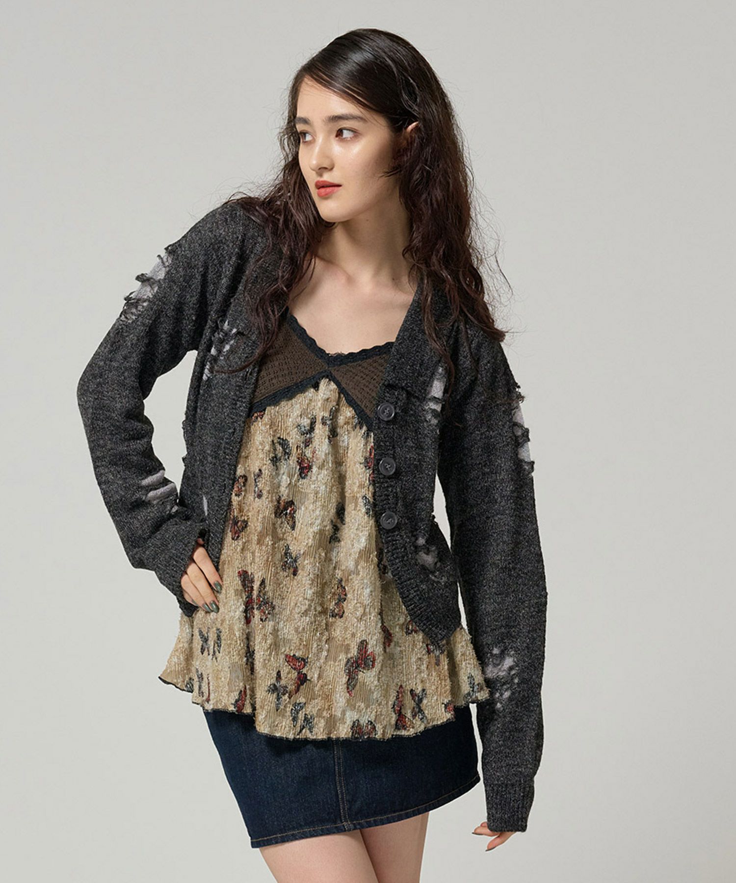 Special-Price-SALE ダメージ風 ニットカーディガン TINA：JOJUN 全2色