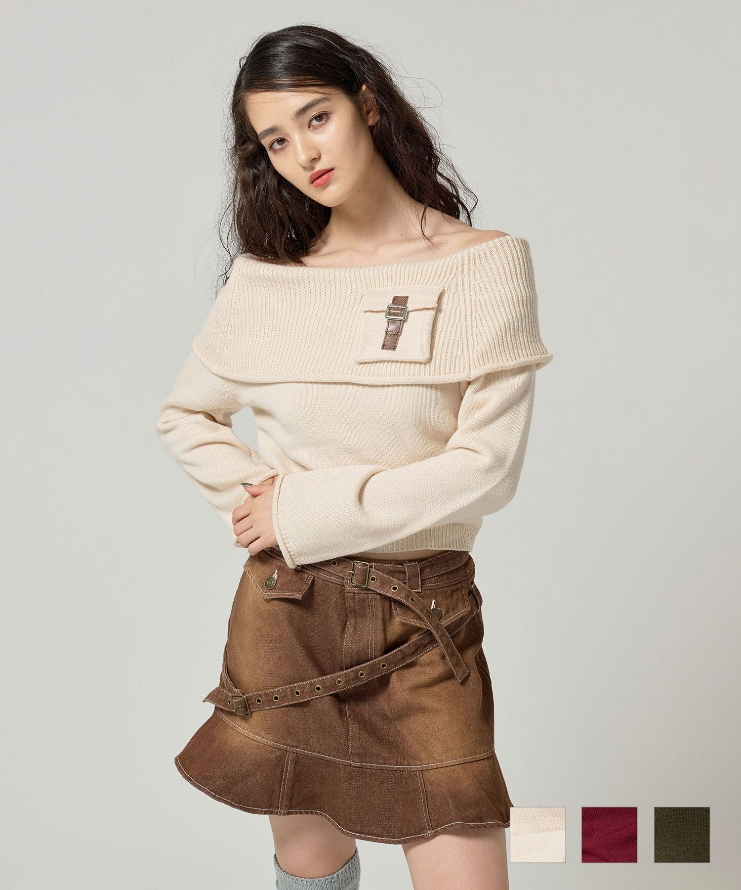 ポケット付き オフショルニット TINA：JOJUN 全3色｜tnj431-0891【3