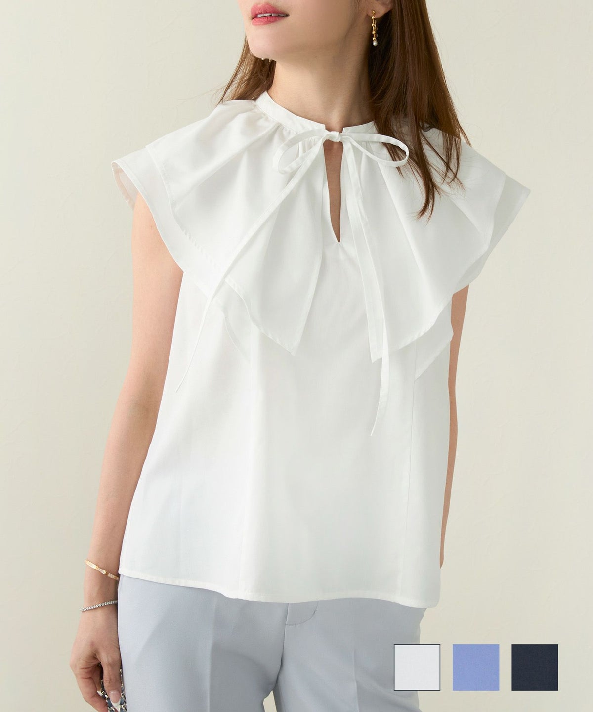 手洗い可 セレクト ワイド パンツ 無地 レディース きれいめ 大人 オフィス 紐 ウエスト ジョイントスペース フリル 襟 リボン付き ブラウス Liala×PG