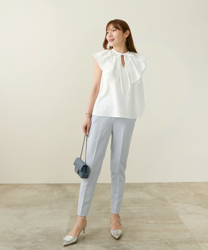 洗濯可セレクトイージーケアマシンウォッシャブル洗濯機で洗えるコーデ大人ノースリーブ襟リボンオフィスかわいいトレンド夏ビジネス上品ジョイントスペース