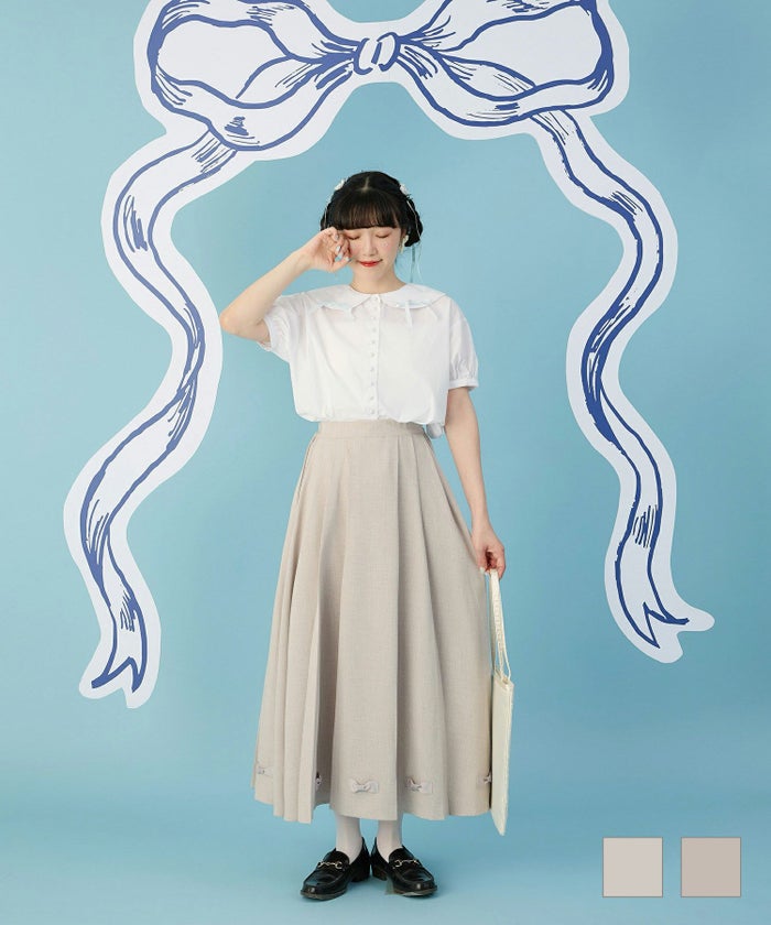 ウエストゴム クラシカル リネンライク 夏 ロング リボン付き プリーツ スカート miolite