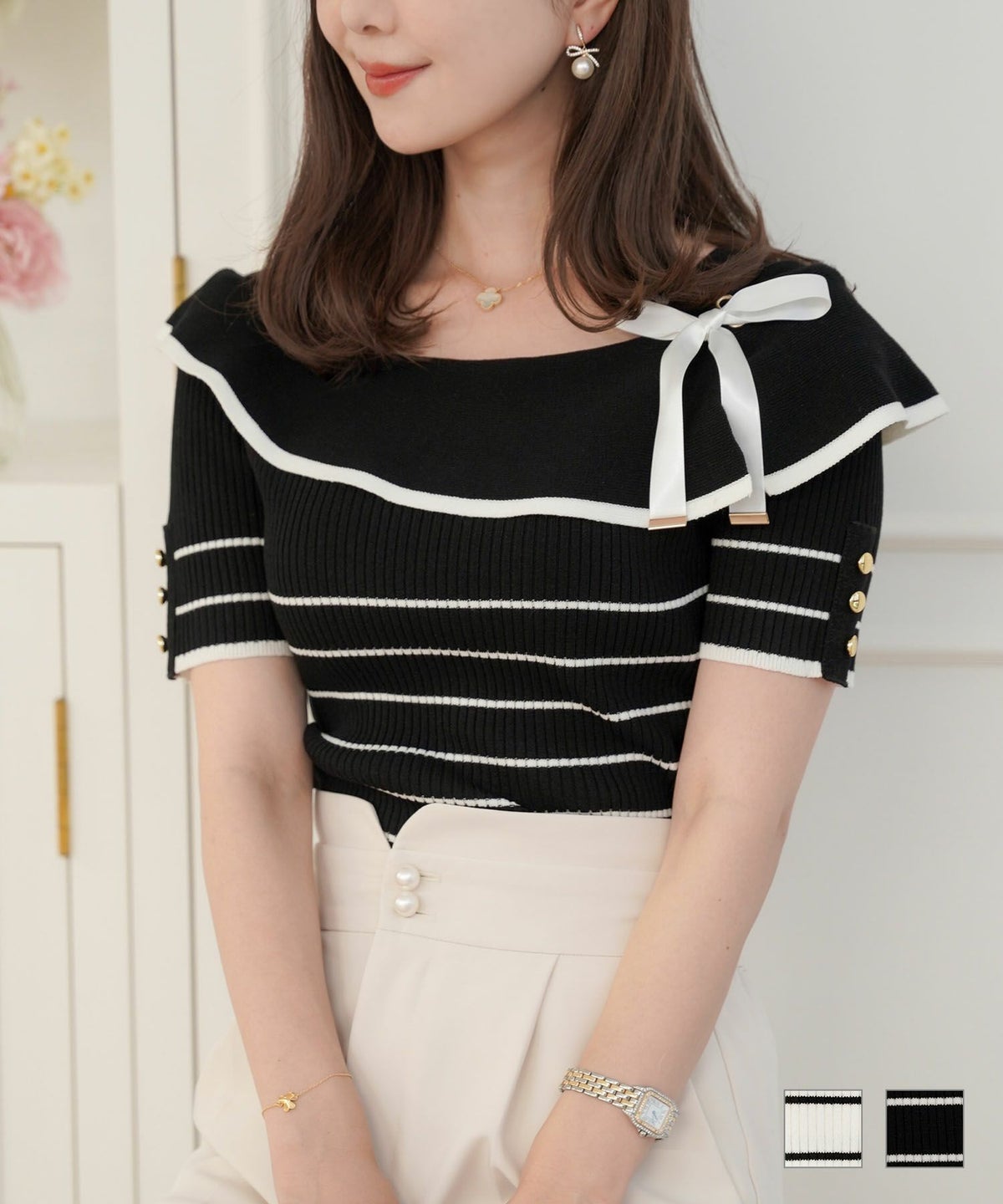 セレクト トップス ニット 襟 アシメ 配色 リボン 半袖 ボーダー ボーダー リボン アシメ襟 ニット le reve vaniller