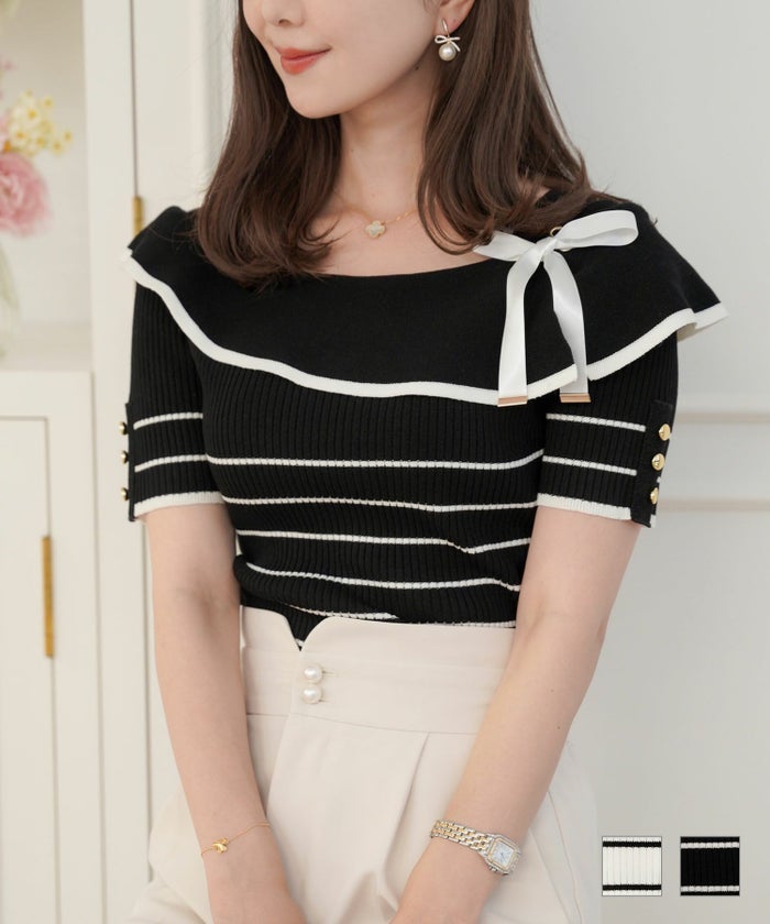 セレクト トップス ニット 襟 アシメ 配色 リボン 半袖 ボーダー ボーダー リボン アシメ襟 ニット le reve vaniller