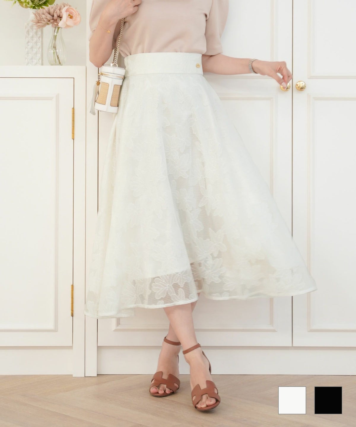 スカート レース 花柄 メッシュ タック ハイウエスト ウエストゴム フラワー レース フレアスカート le reve vaniller