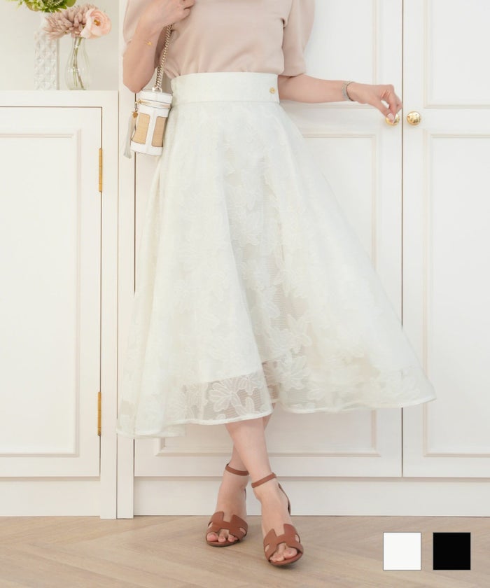 スカート レース 花柄 メッシュ タック ハイウエスト ウエストゴム フラワー レース フレアスカート le reve vaniller