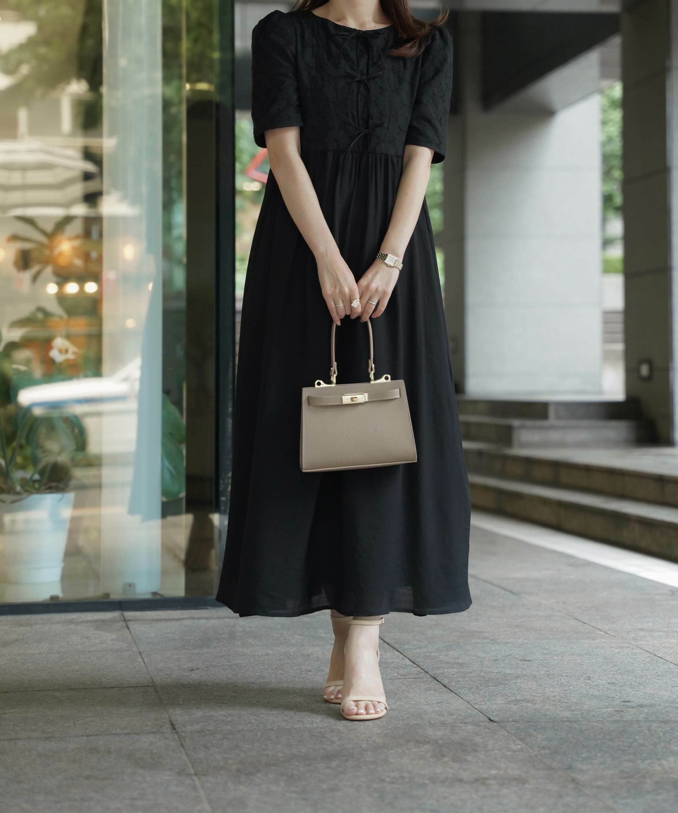 コットンレース フロントリボン マキシ丈 ワンピース HUIT 全2色