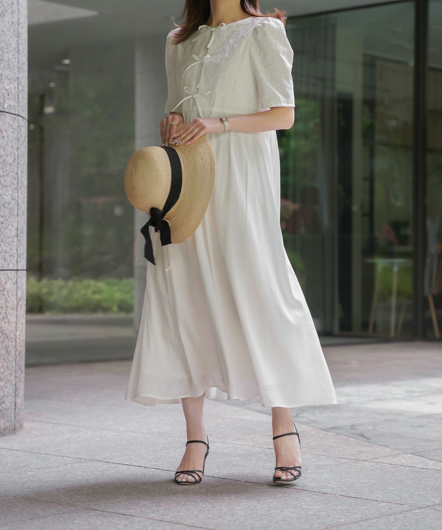 コットンレース フロントリボン マキシ丈 ワンピース HUIT 全2色