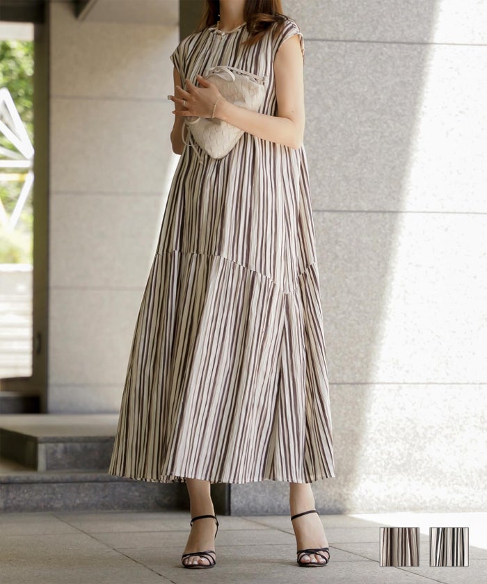 セレクト 夏 上品 リゾート ロング フレア セレクト ラメストライプ フレンチスリーブ ワンピース HUIT