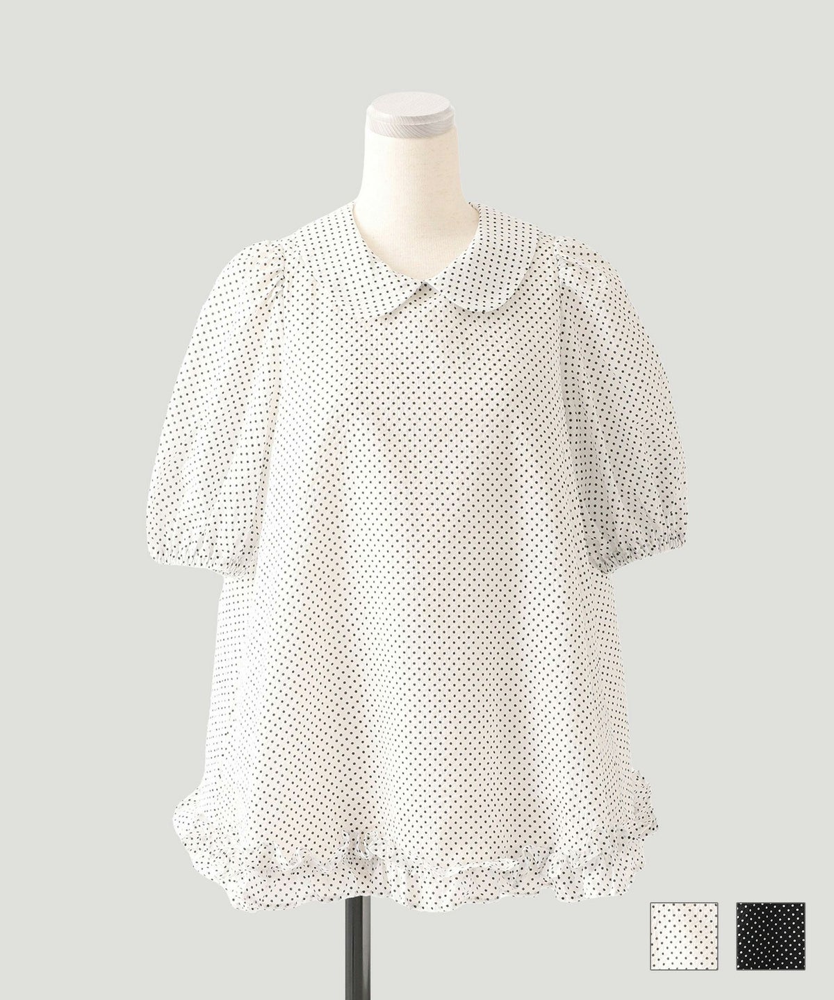 レディース 丸襟 パフスリーブ 夏 フリルヘム ドット ブラウス HUIT