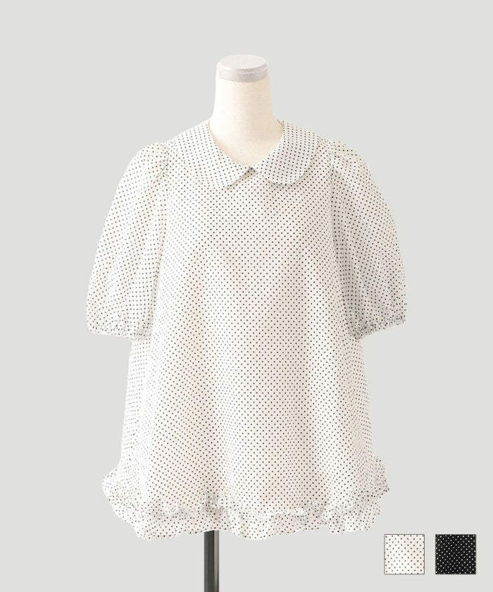レディース 丸襟 パフスリーブ 夏 フリルヘム ドット ブラウス HUIT