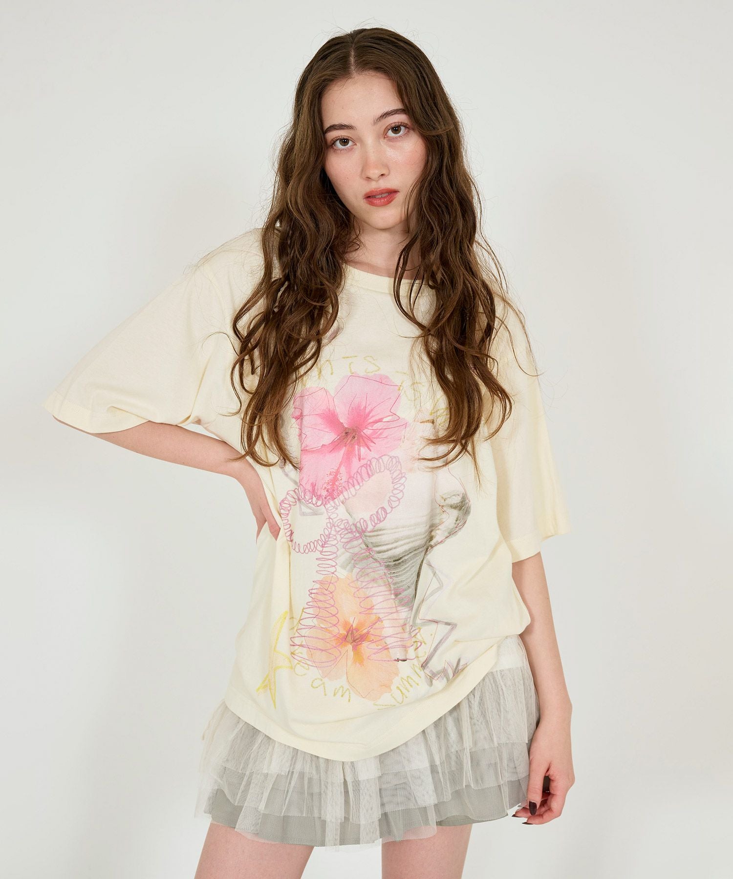 フラワーコラージュ オーバーTシャツ TINA：JOJUN 全2色｜tnj531-0922