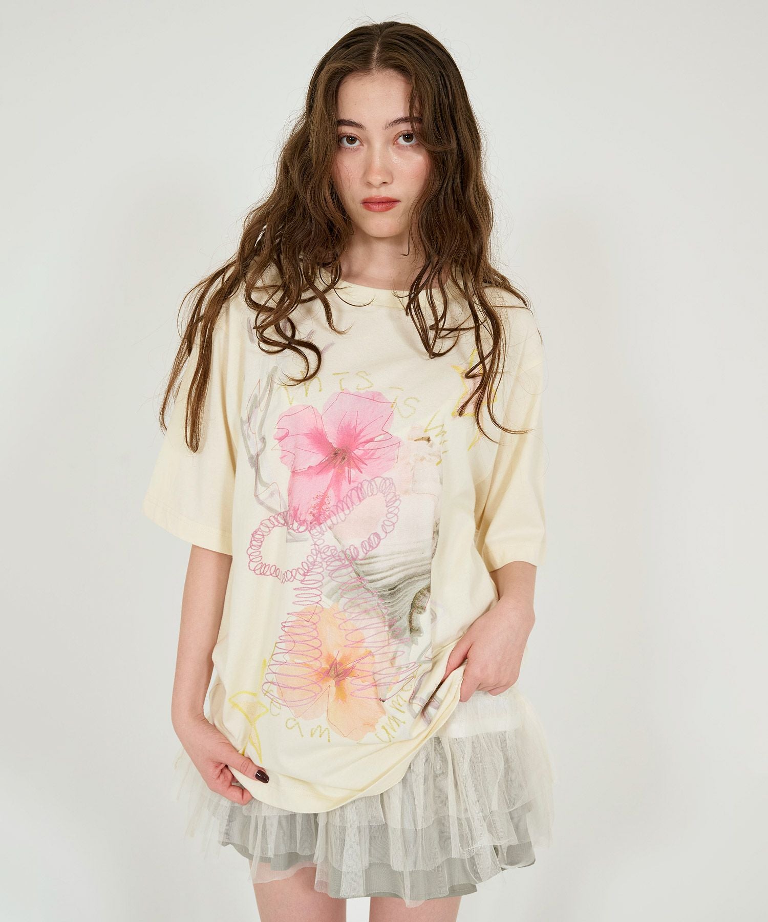 フラワーコラージュ オーバーTシャツ TINA：JOJUN 全2色｜tnj531-0922