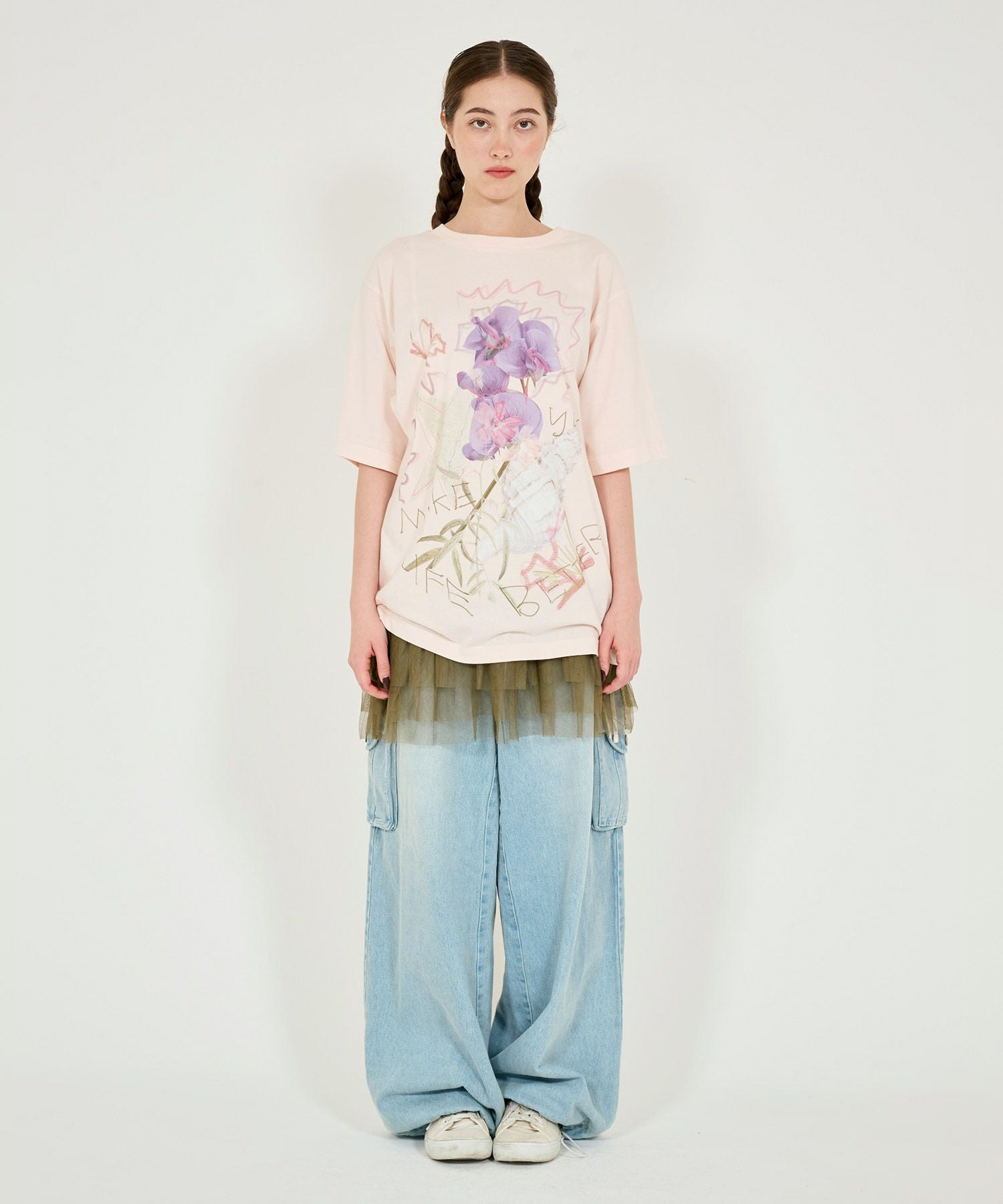 フラワーコラージュ オーバーTシャツ TINA：JOJUN 全2色｜tnj531-0922