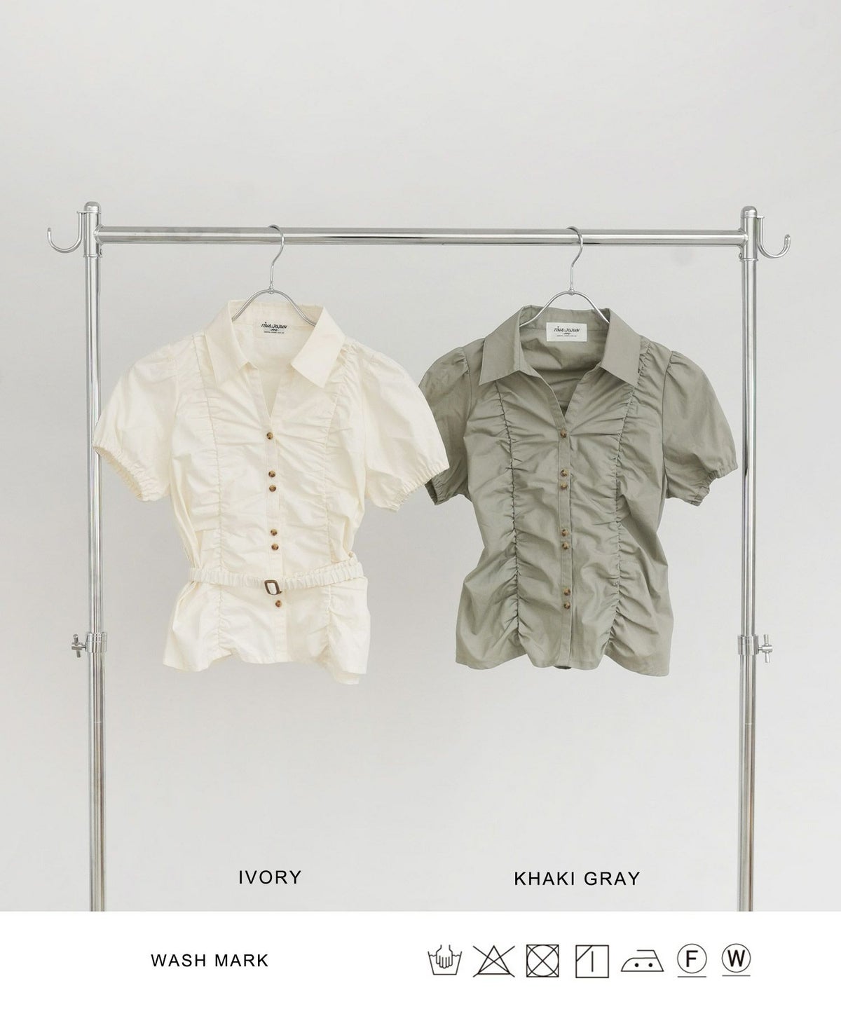 ブラウス/半袖/スキッパーカラー/アイボリー/カーキグレー