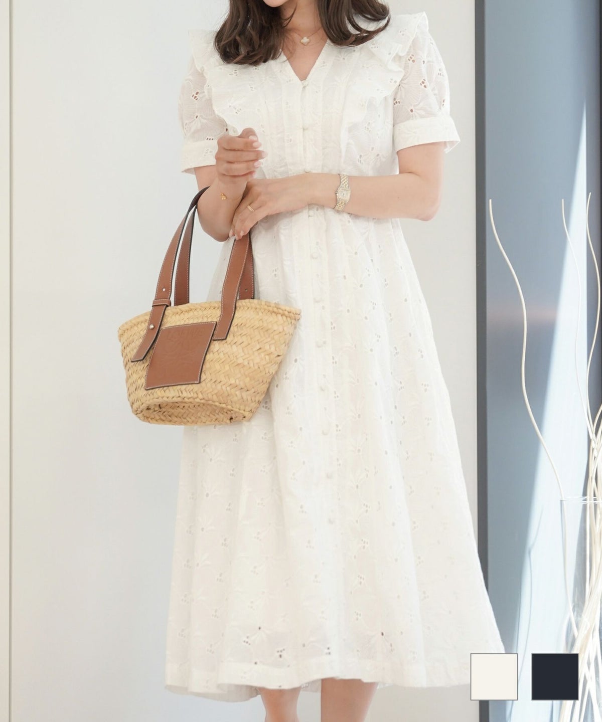 ワンピース コットン スカラップ レース 花柄 前あき 授乳 エレガンス スタンドカラー コットンレース フリル ワンピース le reve vaniller