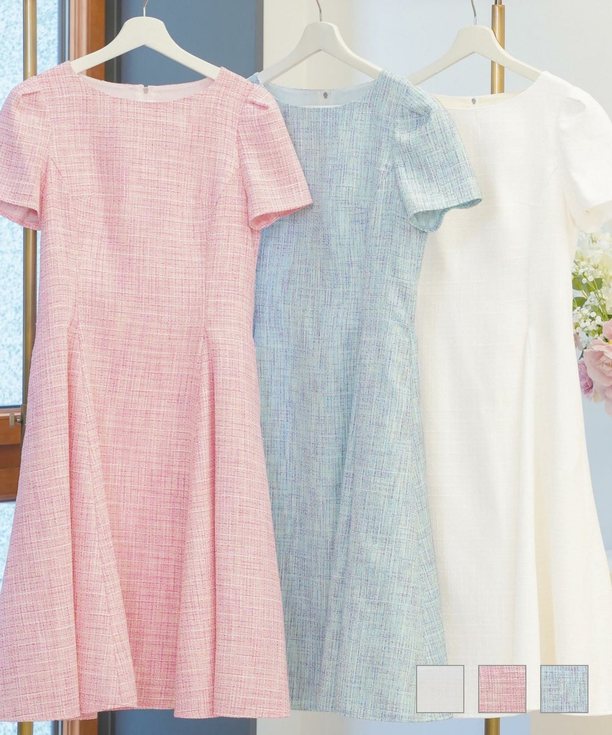 サマーツイード ワンピース レディース 大人 おすすめ かわいい 半袖 春夏 秋 ピンク 白 フレア ジョイントスペース サマーツイード マチ入り フレア ワンピース Prima Scherrer