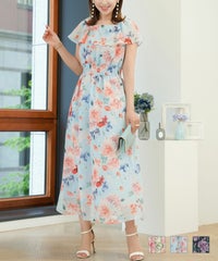 ワンピース 花柄 大柄 フラワー 春夏 青 ピンク ロング 大人 かわいい フリル シフォン リゾート ジョイントスペース ラッフルカラー プリント ワンピース Prima Scherrer