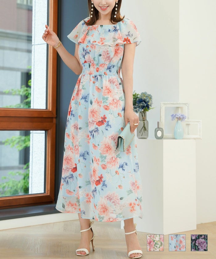 ワンピース 花柄 大柄 フラワー 春夏 青 ピンク ロング 大人 かわいい フリル シフォン リゾート ジョイントスペース ラッフルカラー プリント ワンピース Prima Scherrer