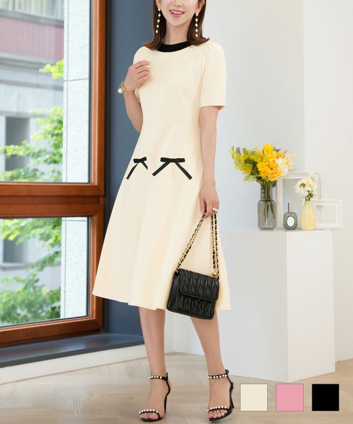 ワンピース バイカラー 半袖 春夏 秋 大人 かわいい きれいめ オフィス エレガント リボン 黒 ジョイントスペース バイカラー リボンアクセント ジャージーワンピース 半袖 Prima Scherrer