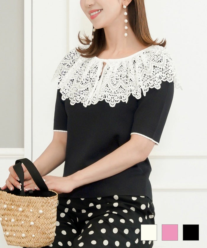 サマーニット レディース 半袖 レース 春夏 秋 オフィス おすすめ かわいい かぶり 白黒 ピンク ジョイントスペース レースネック 配色サマーニット 半袖 Prima Scherrer