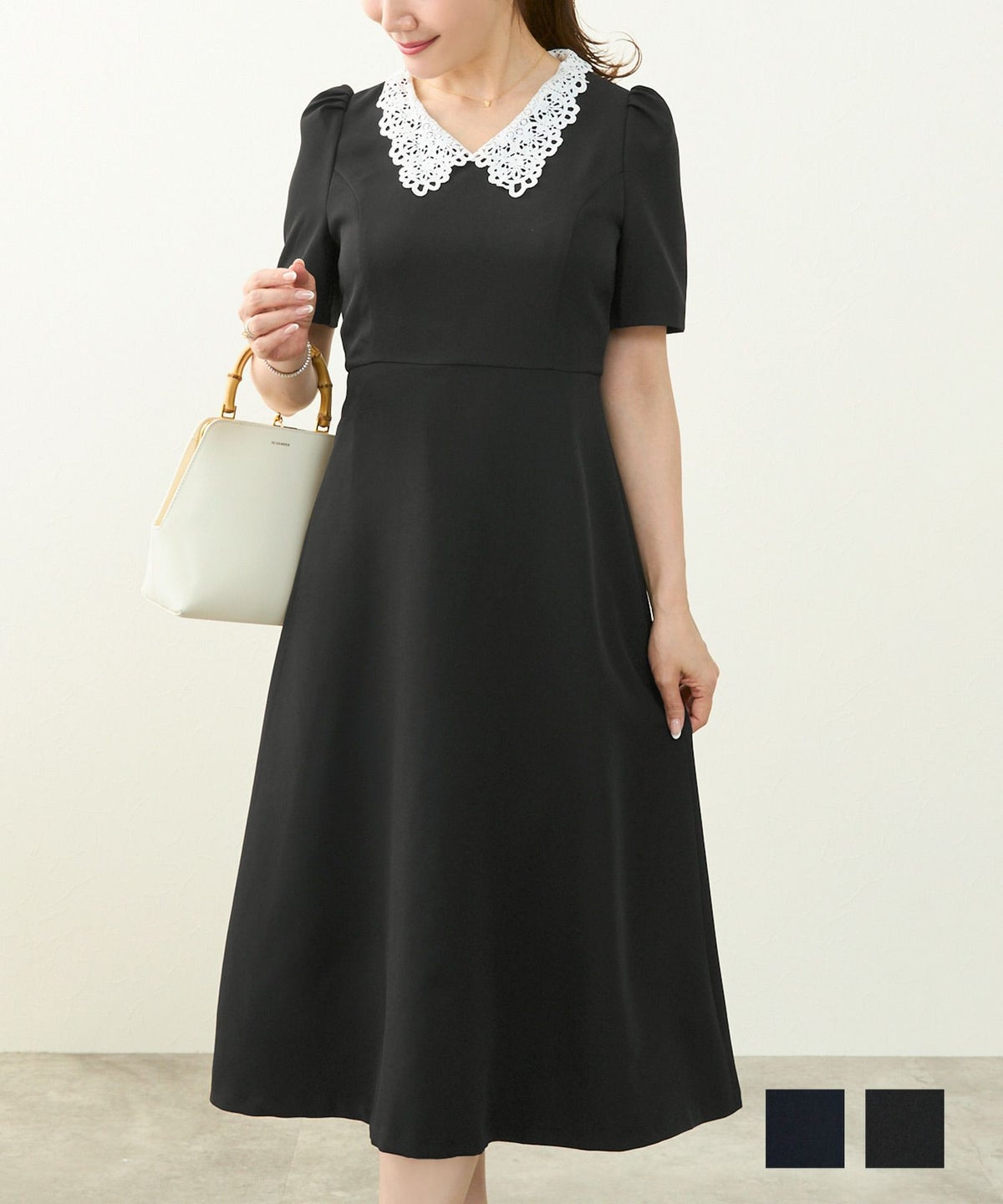 ワンピース レース襟 フィット&フレア 半袖, ワンピース, Liala×PG, 30代、40代、働くママ、働く女性, 通勤、会食、冠婚葬祭、授業参観、七五三、お宮参り ワンピース レース襟 フィット&フレア 半袖 Liala×PG