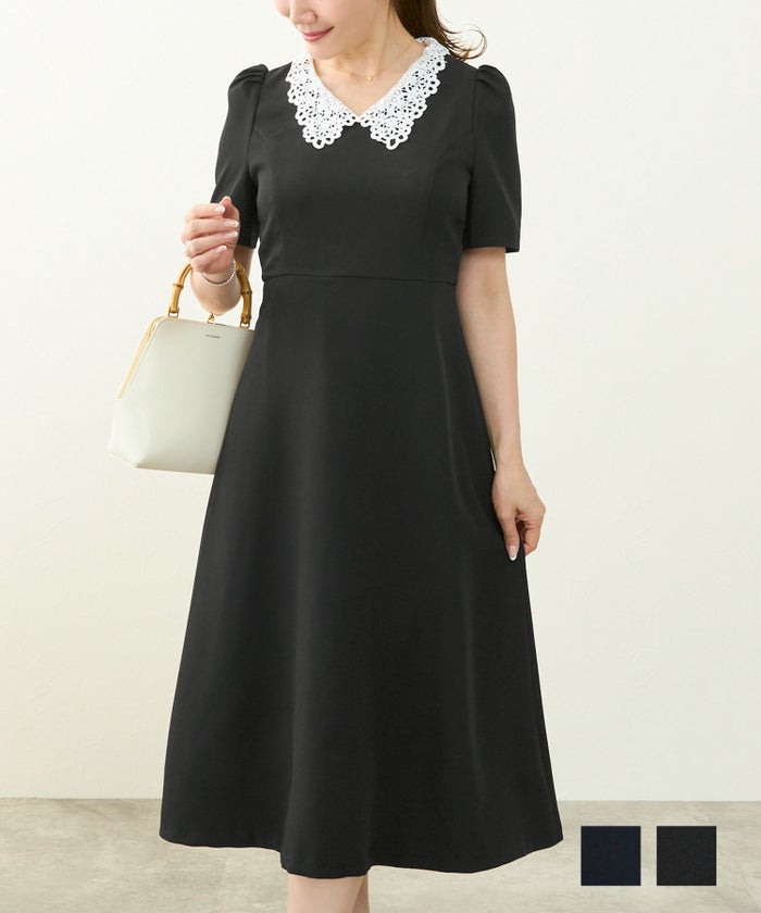 ワンピース レース襟 フィット&フレア 半袖, ワンピース, Liala×PG, 30代、40代、働くママ、働く女性, 通勤、会食、冠婚葬祭、授業参観、七五三、お宮参り ワンピース レース襟 フィット&フレア 半袖 Liala×PG