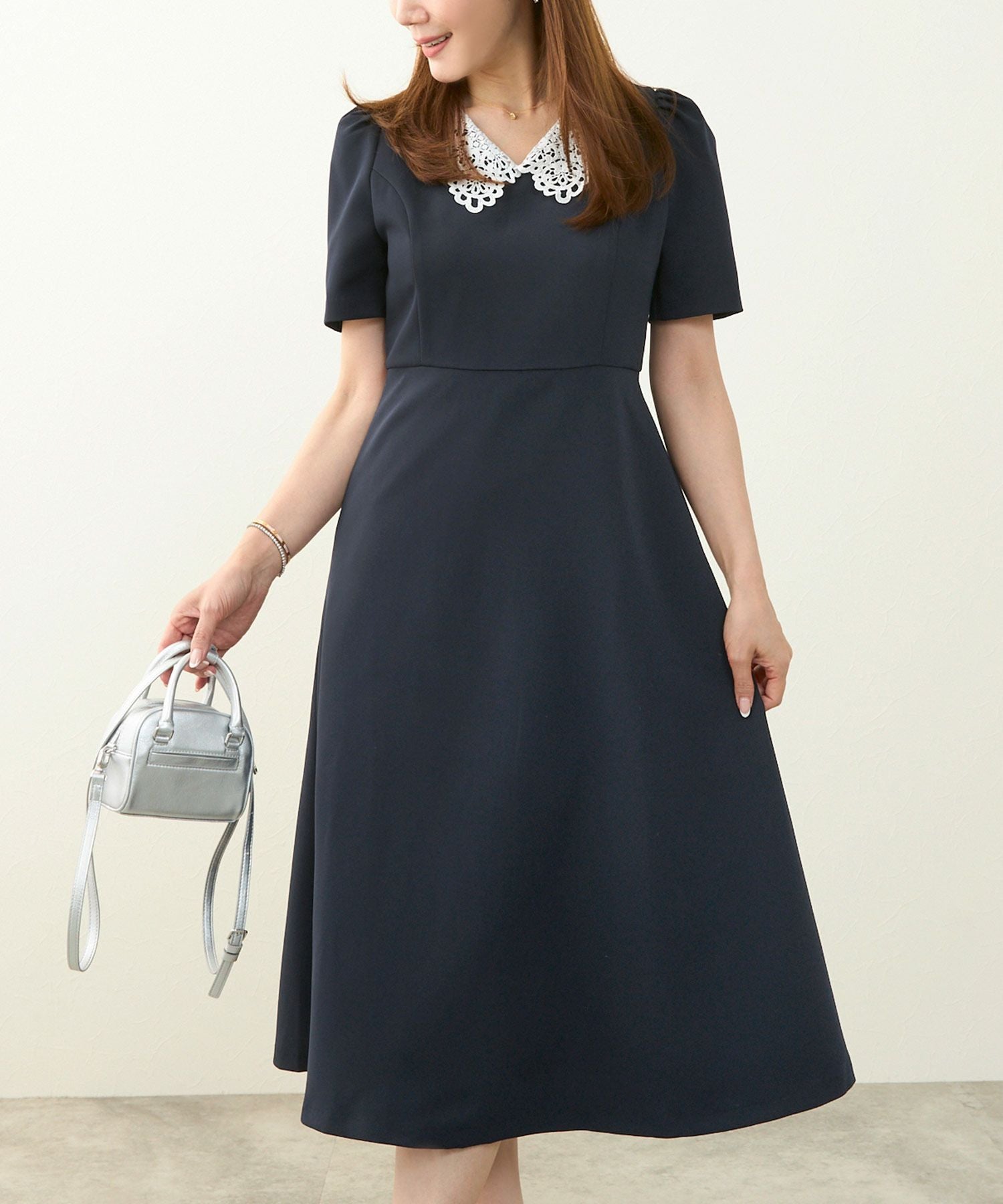ワンピース レース襟 フィット&フレア 半袖｜冠婚葬祭、七五三、お