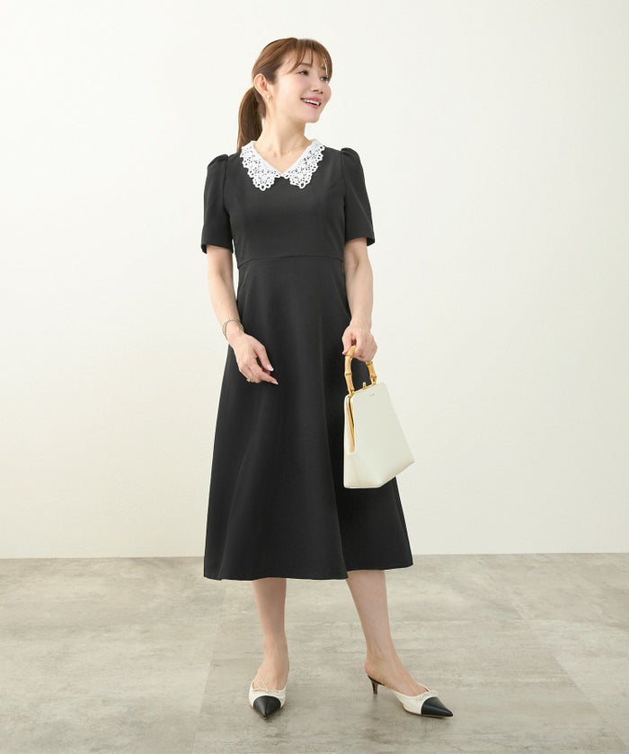 ワンピース襟付きレトロ春夏秋黒半袖レース襟フォーマル普段着大人かわいいお呼ばれジョイントスペース