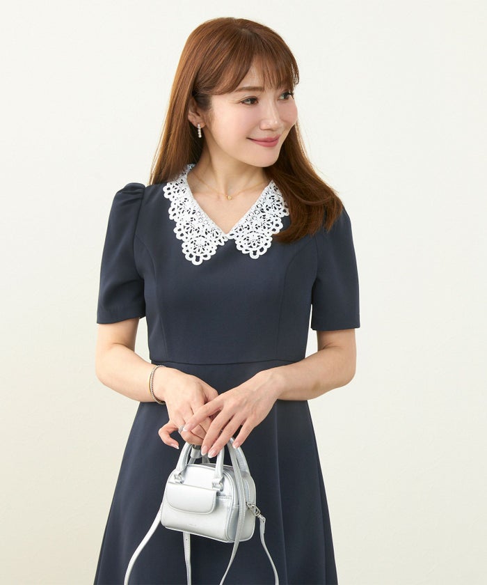 ワンピース襟付きレトロ春夏秋黒半袖レース襟フォーマル普段着大人かわいいお呼ばれジョイントスペース