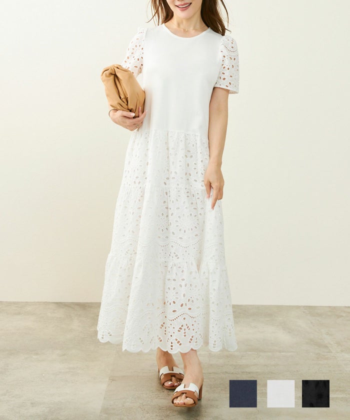 カットソー & レース ドッキング ワンピース 半袖, ワンピース, Liala×PG, 30代、40代、, 休日、デート、ワンマイルウェア、女子会 カットソー & レース ドッキング ワンピース 半袖 Liala×PG