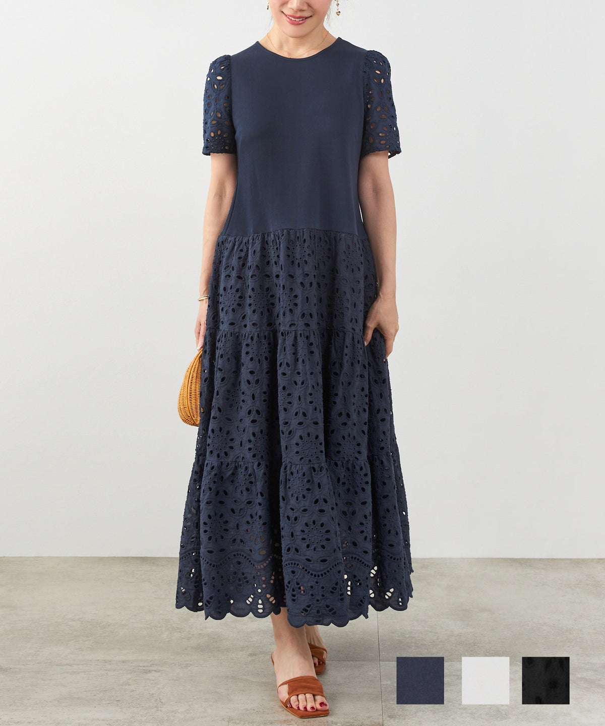 カットソー & レース ドッキング ワンピース 半袖, ワンピース, Liala×PG, 30代、40代、, 休日、デート、ワンマイルウェア、女子会 カットソー & レース ドッキング ワンピース 半袖 Liala×PG