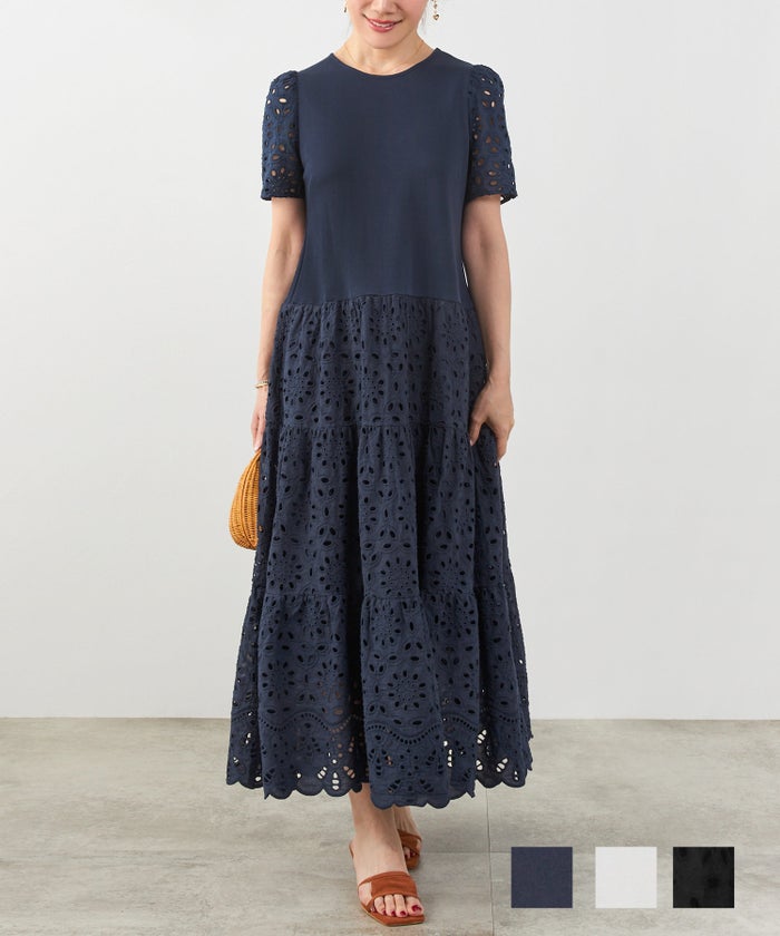 カットソー & レース ドッキング ワンピース 半袖, ワンピース, Liala×PG, 30代、40代、, 休日、デート、ワンマイルウェア、女子会 カットソー & レース ドッキング ワンピース 半袖 Liala×PG