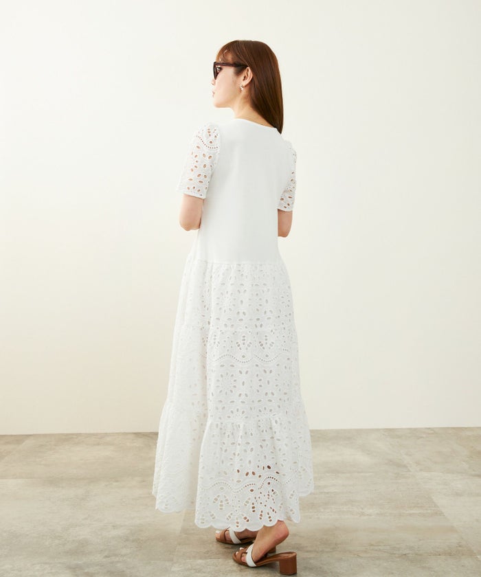 新色追加手洗い可コットンレースカットソーフレアロング大人かわいいきれいめ白黒春夏秋ドッキング綿ジョイントスペース