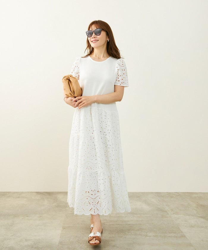 新色追加手洗い可コットンレースカットソーフレアロング大人かわいいきれいめ白黒春夏秋ドッキング綿ジョイントスペース