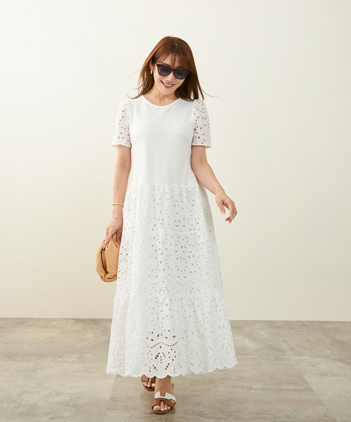 新色追加手洗い可コットンレースカットソーフレアロング大人かわいいきれいめ白黒春夏秋ドッキング綿ジョイントスペース