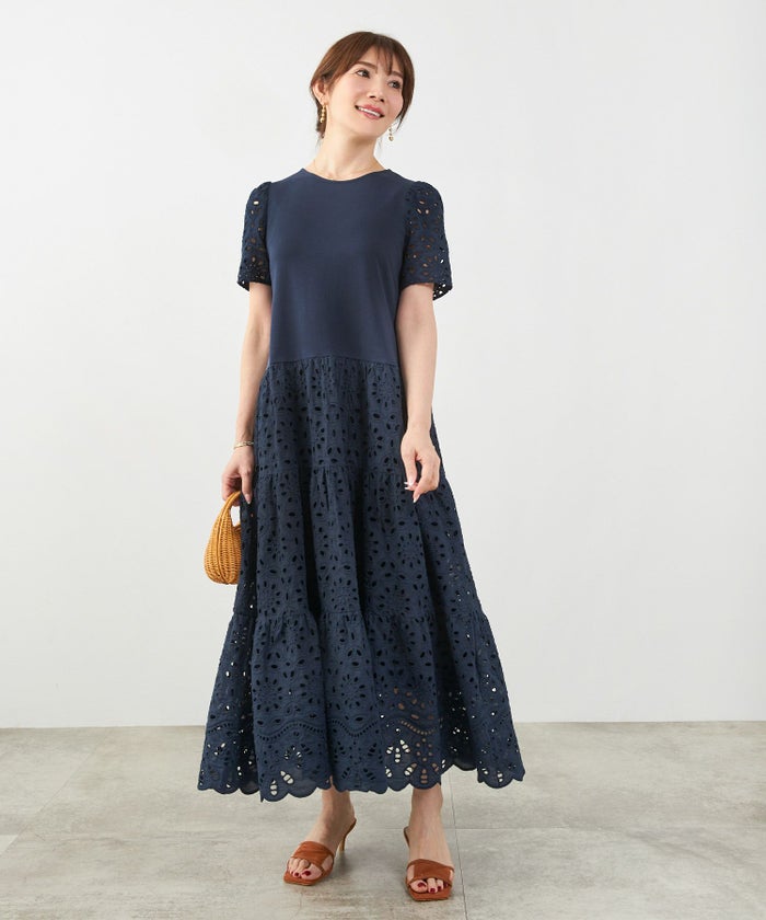 新色追加手洗い可コットンレースカットソーフレアロング大人かわいいきれいめ白黒春夏秋ドッキング綿ジョイントスペース