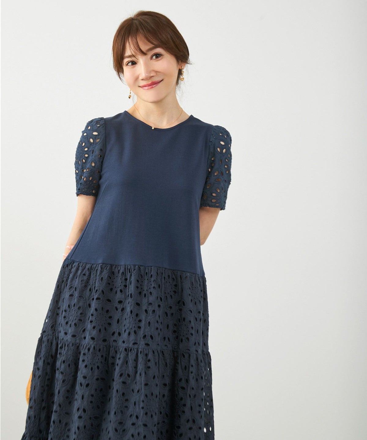 新色追加手洗い可コットンレースカットソーフレアロング大人かわいいきれいめ白黒春夏秋ドッキング綿ジョイントスペース