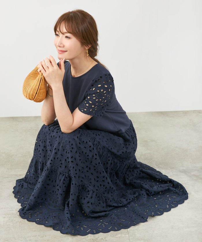 新色追加手洗い可コットンレースカットソーフレアロング大人かわいいきれいめ白黒春夏秋ドッキング綿ジョイントスペース