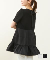 手洗い可 カットソー ブラウス 半袖 ティアード 無地 春夏 秋 チュニック 丈 長い 大人 きれいめ ジョイントスペース バックリボン ティアードフレア カットソー 半袖 Liala×PG