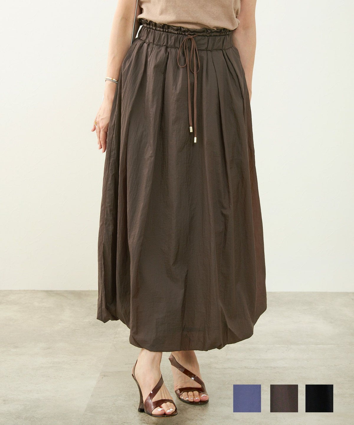 セレクト 手洗い可 スカート バルーン 黒 ウォッシャブル ウエストゴム 大人 かわいい きれいめ ジョイントスペース ウエストゴム サテンドロスト バルーン スカート Liala×PG