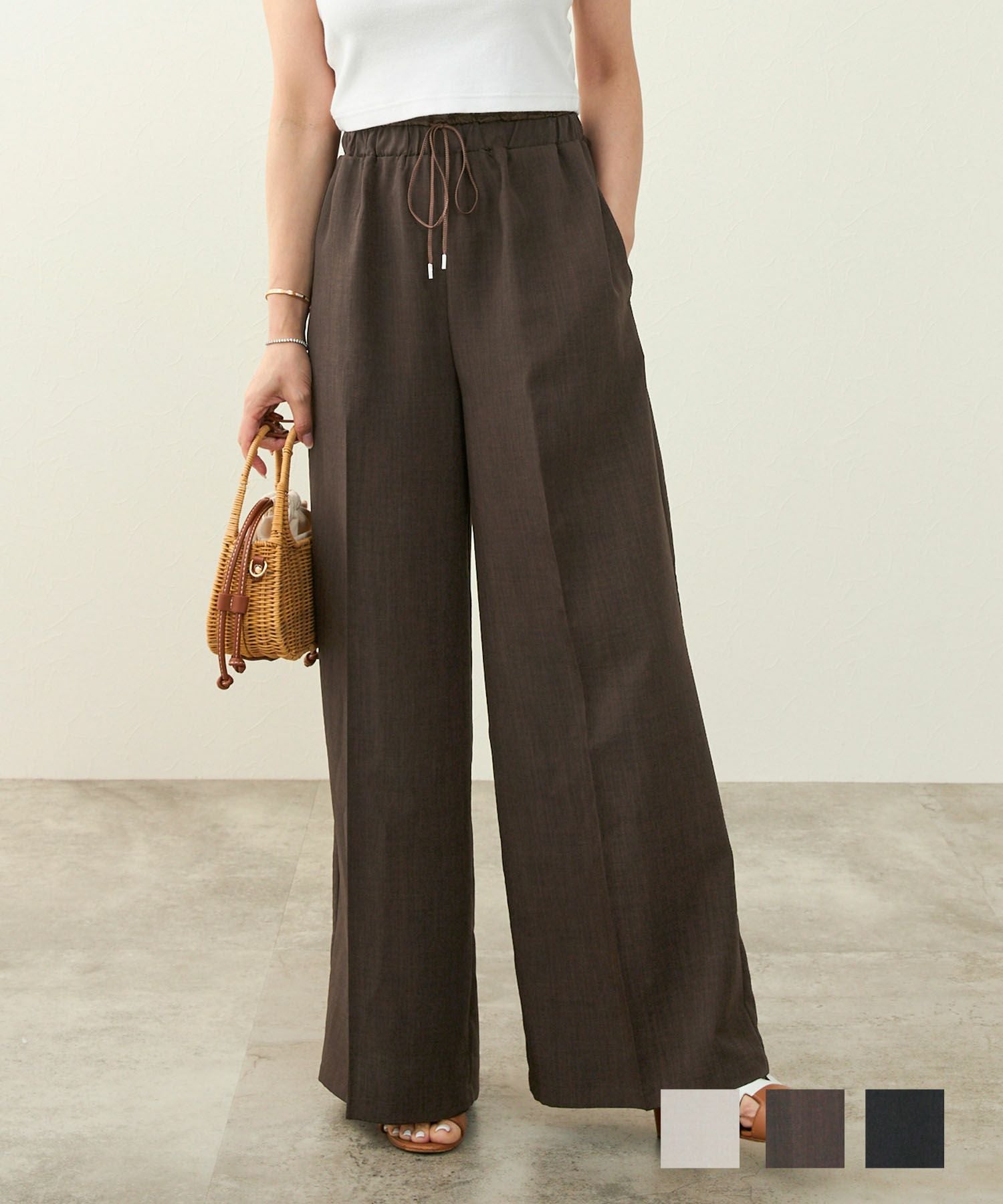 サテン切り替え ウエストゴム&ドロスト ワイド パンツ Liala×PG 全3色