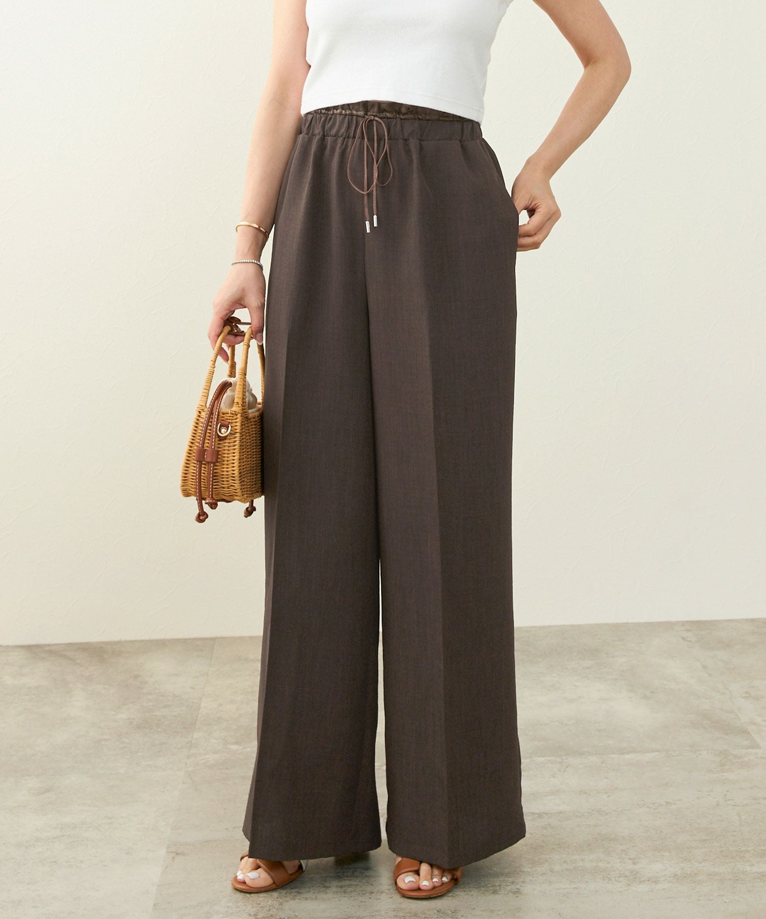 サテン切り替え ウエストゴム&ドロスト ワイド パンツ Liala×PG