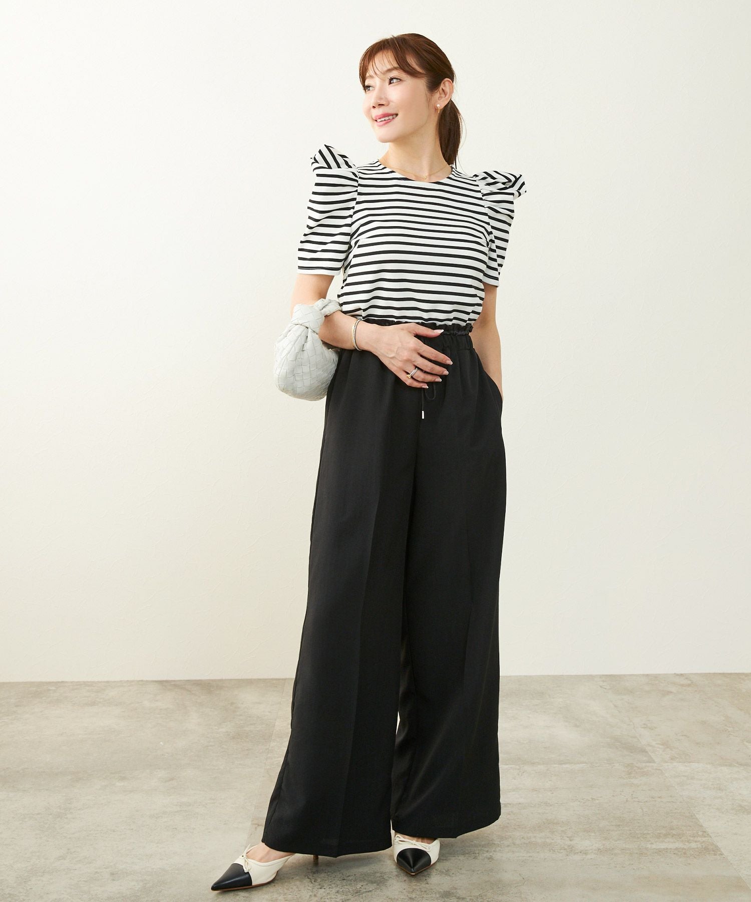 サテン切り替え ウエストゴム&ドロスト ワイド パンツ Liala×PG 全3色