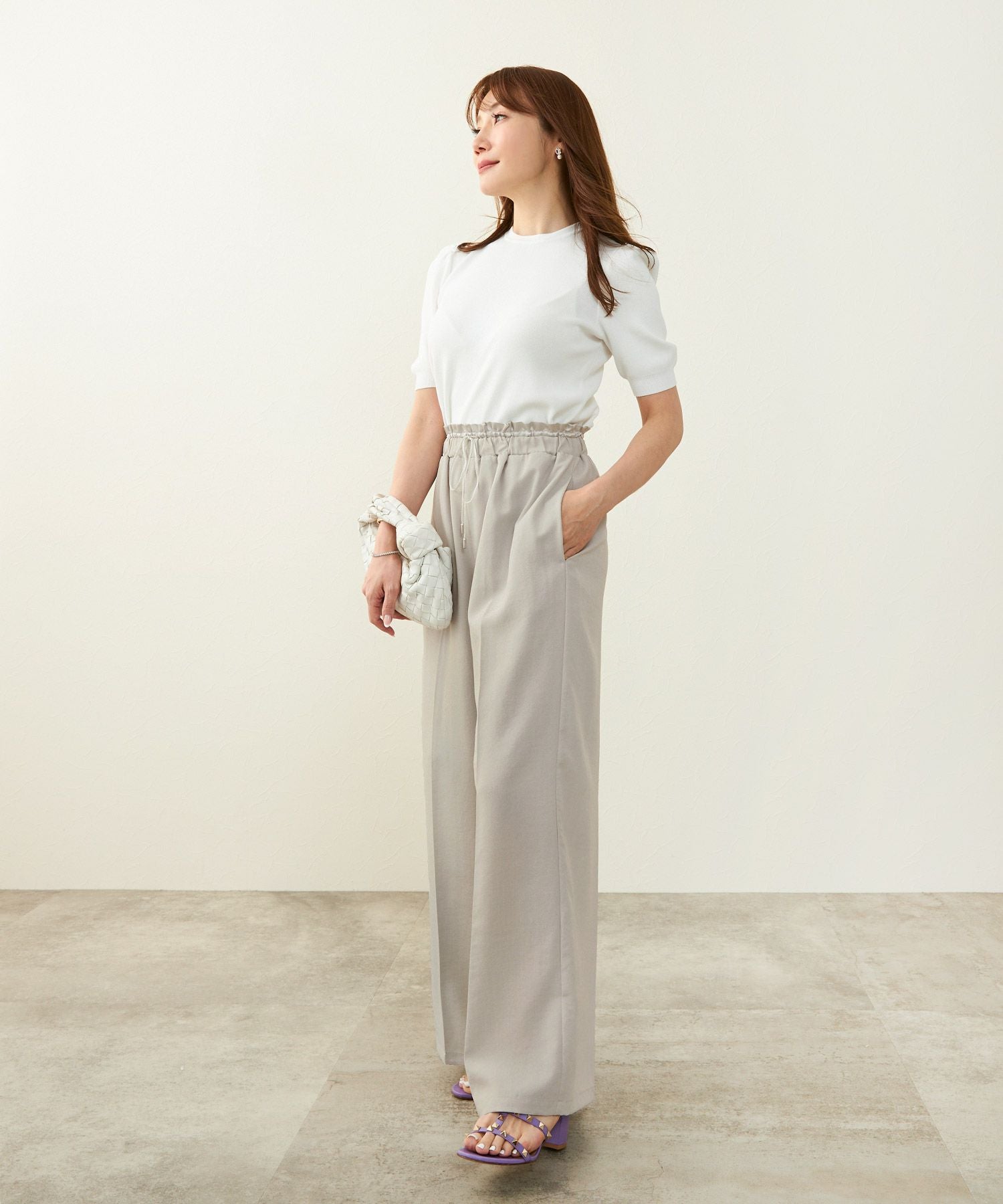 サテン切り替え ウエストゴム&ドロスト ワイド パンツ Liala×PG 全3色