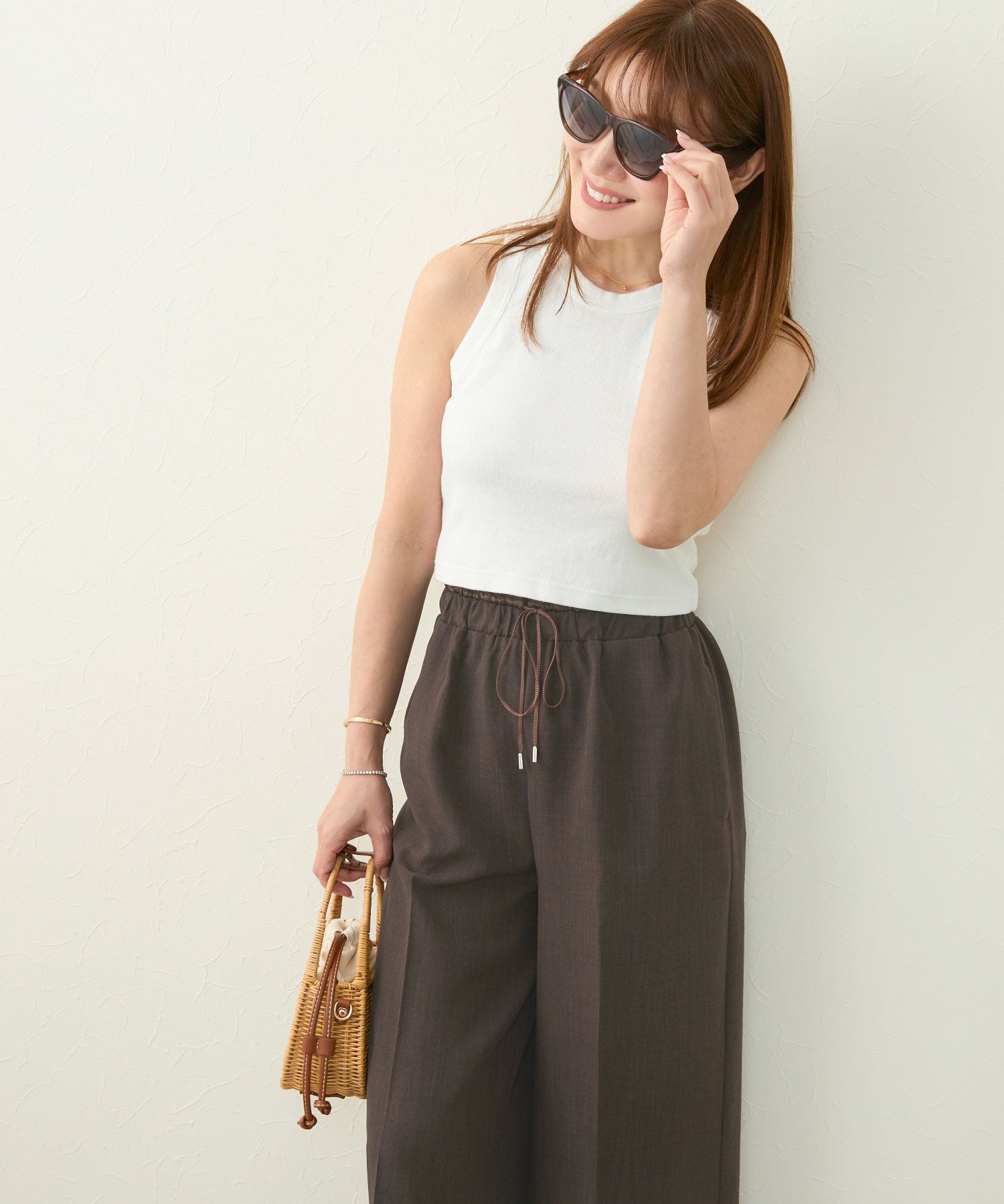 サテン切り替え ウエストゴム&ドロスト ワイド パンツ Liala×PG 全3色